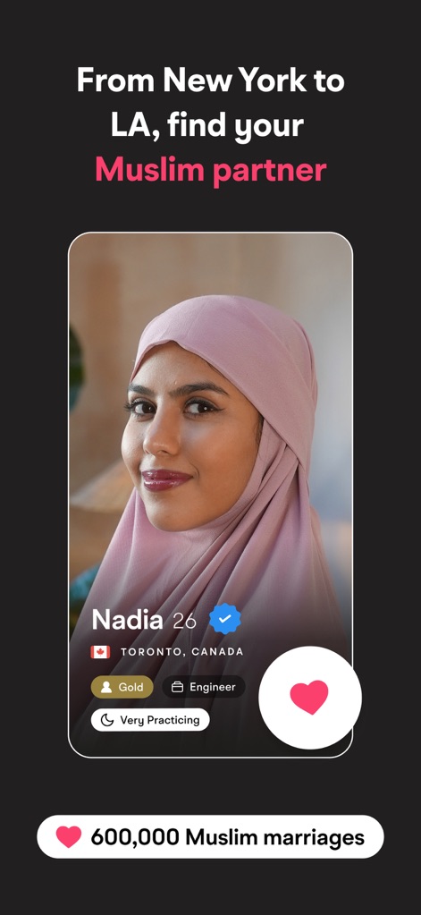 Muzz: Where Muslims Marry - L'app mostra profili dettagliati, come quello di Nadia, completo di età e città, evidenziando il badge di verifica e lo stato "Very Practicing" per una ricerca affidabile.