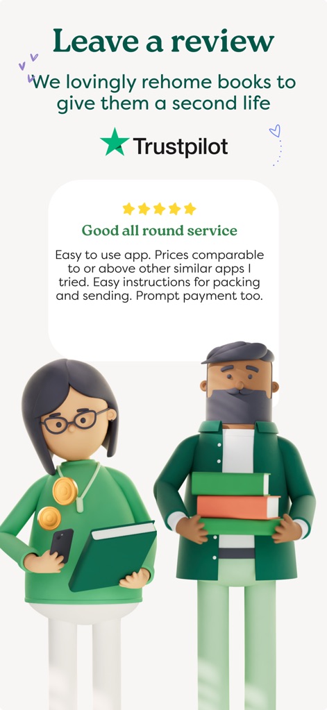 Sell books with World of Books - The app proudly showcases its 'Trustpilot' rating and features a positive user review praising its 'Good all round service' and ease of use.