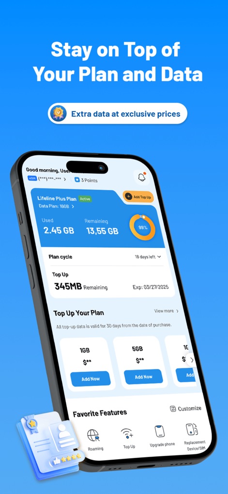 AirTalk Wireless - Os usuários podem acompanhar seu plano e uso de dados de forma transparente, com um gráfico de anel mostrando o uso e o restante dos dados, e a facilidade de adicionar pacotes de dados extras a preços exclusivos.