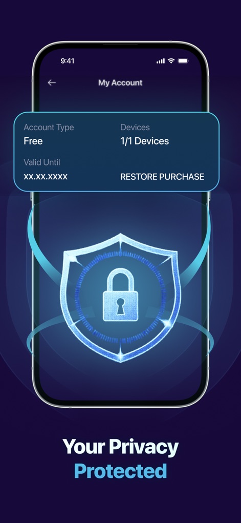 Secure VPN: Private & Fast - La pantalla "My Account" proporciona información esencial como el "Account Type: Free" y el número de dispositivos activos, ofreciendo control sobre la configuración de la cuenta.