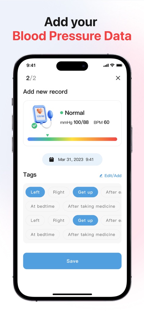 Blood Pressure App-Health Body - See how the app simplifies data input with a clear "Add new record" form and customizable "Tags" for contextual tracking.