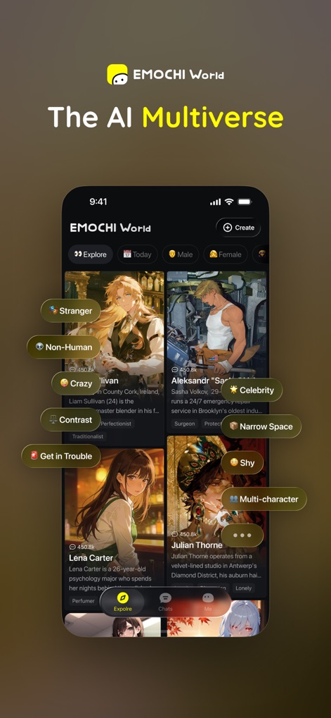 EMOCHI World: AI Chat Universe - The app's intuitive browsing interface presents character cards for discovery, enhanced by descriptive tags such as "Non-Human" and "Multi-character" for tailored searches.