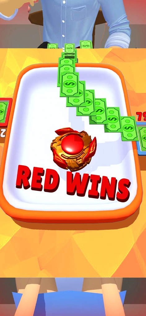 Spinner Merge - This screen clearly signals 'RED WINS' as the victorious outcome, visually represented by the large red spinner and accumulating dollar bills.