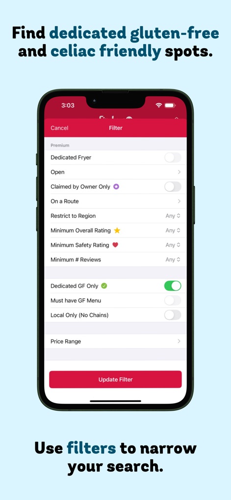 Find Me Gluten Free - This tool enables precise filtering of dining options using criteria such as 'Dedicated Fryer' and 'Dedicated GF Only' to meet specific dietary needs.