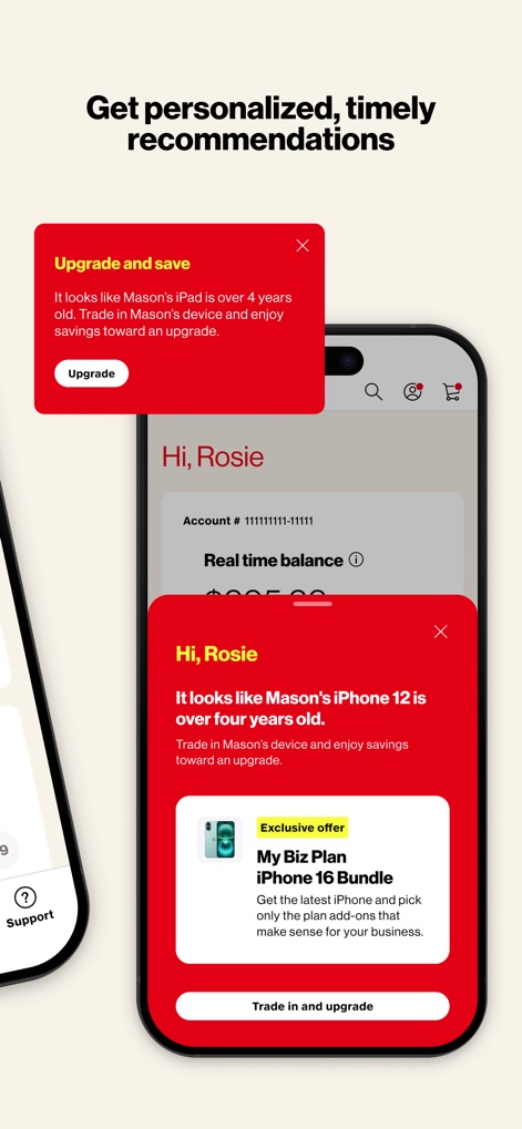 My Verizon For Business - Esta tela exibe notificações pop-up, como um lembrete para "Atualizar e economizar" e uma "Oferta exclusiva" de planos, personalizando a experiência do usuário.