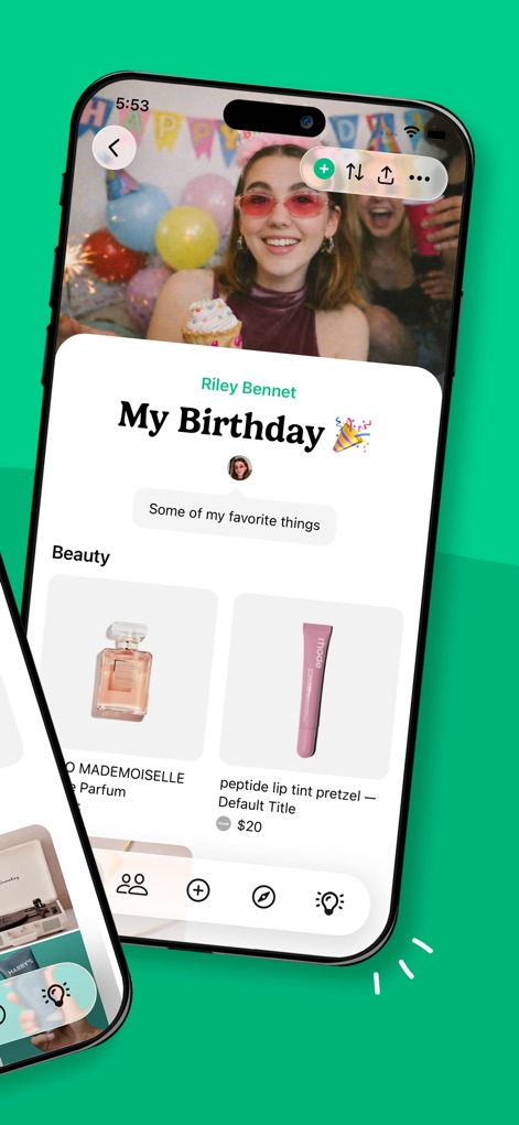 Giftful - Wishlist & Registry - This tool allows users to create event-specific lists, like 'My Birthday' for Riley Bennet, showcasing a curated collection of desired items such as the elegant perfume and peptide lip tint.