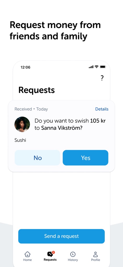 Swish payments - This tool facilitates peer-to-peer interactions, clearly displaying received money requests and providing direct 'No' and 'Yes' response buttons.