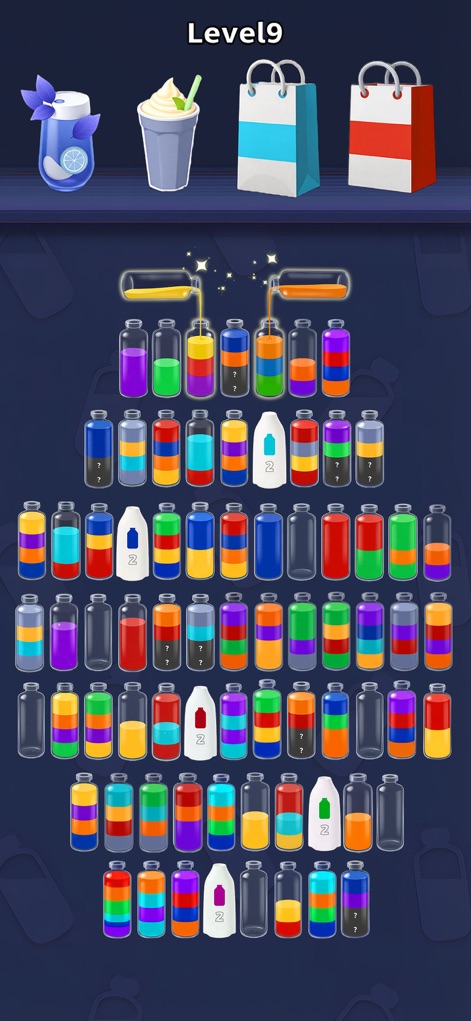 Water Jam Sort - Match Puzzle - Analyze a sprawling Level 9 setup featuring a dense grid of bottles, including special numbered bottles for unique interactions, challenging users with a greater volume of liquids to sort.