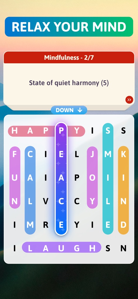 Crossword Search: Word Puzzles - El juego proporciona una experiencia de juego serena con pistas evocadoras como 'Estado de tranquila armonía (5)', donde las palabras ocultas se revelan verticalmente y con un sutil efecto brillante.