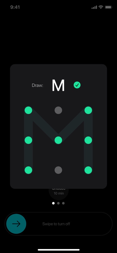 Smart Alarm Clock - Waking Up - The app incorporates a memory game alarm, requiring users to complete a pattern recognition task by following a specific letter drawing instruction to turn off the alarm.