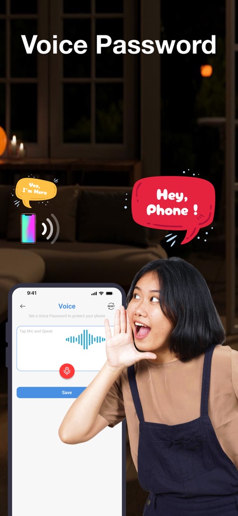 Find My Phone By Clapping - Une fonctionnalité de mot de passe vocal est disponible, permettant de sécuriser et de localiser l'appareil avec une commande vocale personnalisée, visible à travers la visualisation des ondes sonores et la bulle 'Hey, Phone!'.
