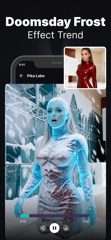 Pika Labs: AI Trend Effects - Expérimentez l'effet "Doomsday Frost" tendance, mettant en scène un personnage figé dans la glace et des environnements hivernaux saisissants.