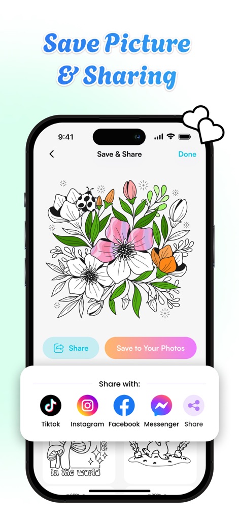 Corly: Color Picker Relax - Após concluir sua arte, é possível salvar a imagem e compartilhá-la facilmente usando os botões de compartilhamento integrados, com logotipos de diversas redes sociais.