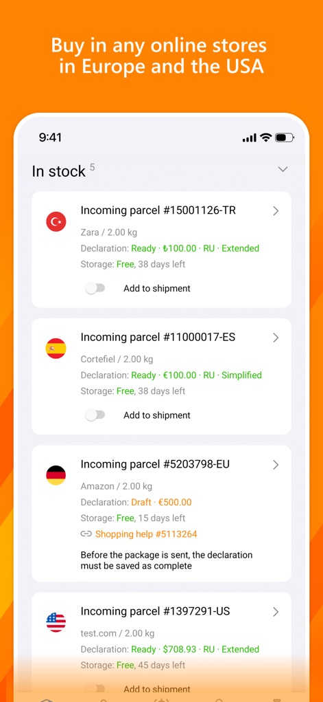 Qwintry - Esta herramienta permite a los usuarios gestionar múltiples paquetes entrantes de diversas tiendas y países, como se evidencia en la lista de paquetes 'In stock' de Zara en Turquía y Amazon en Alemania.