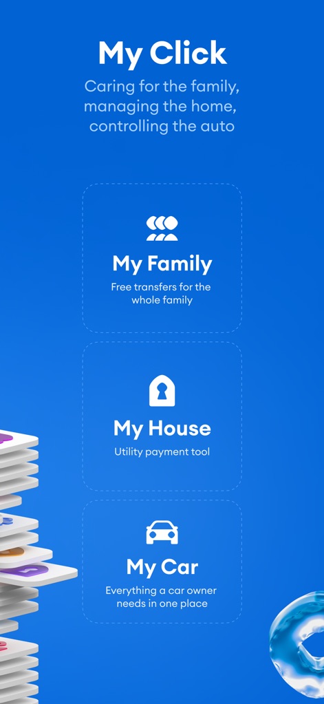 Click SuperApp - The 'My Click' section centralizes personal management with features like 'My Family' for transfers and 'My House' as a dedicated utility payment tool.