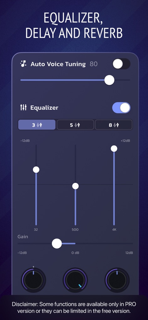 Pro Microphone: Voice Record - Los usuarios tienen control total sobre su audio con un "Equalizer" detallado que incluye deslizadores de frecuencia y la conveniente función de "Auto Voice Tuning" para optimizar la claridad vocal.