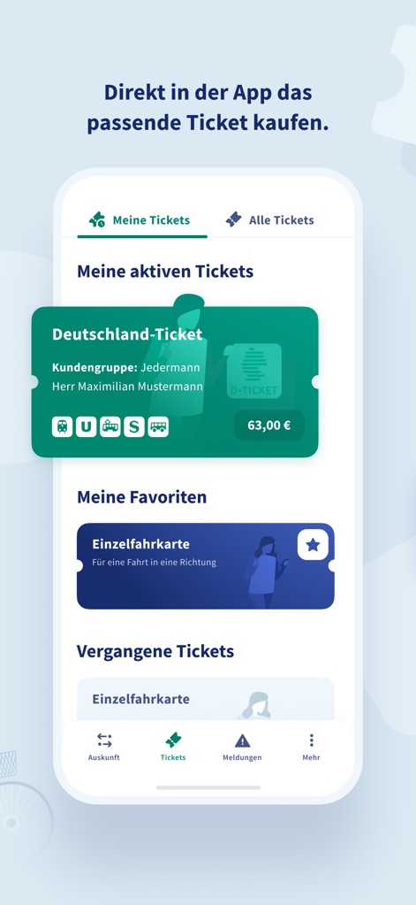 RMVgo - This screen serves as a digital ticket wallet, prominently displaying the active Deutschland-Ticket and allowing users to save their favorite ticket types for quick access.