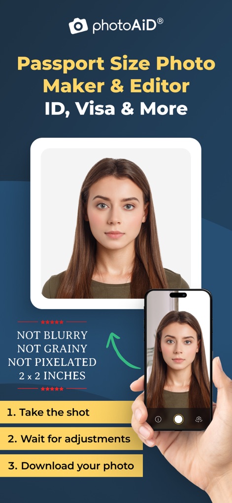 Passport Photo - PhotoAiD - Découvrez comment l'application transforme un selfie en une photo biométrique conforme de 2x2 pouces, grâce à son processus intuitif en trois étapes.