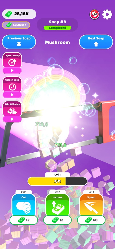 Idle Soap ASMR - Profitez de l'éclat visuel de la découpe du savon “Mushroom” et des animations scintillantes indiquant la complétion d'un savon, enrichissant l'expérience ASMR visuelle.