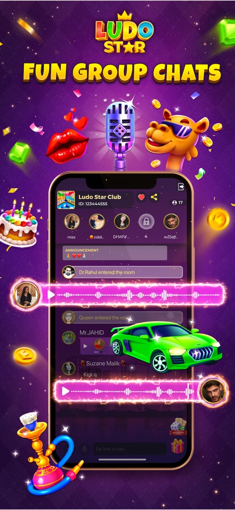 Ludo STAR - Engage in vibrant community clubs, utilizing integrated voice chat for live conversations and exchanging a variety of animated digital gifts.