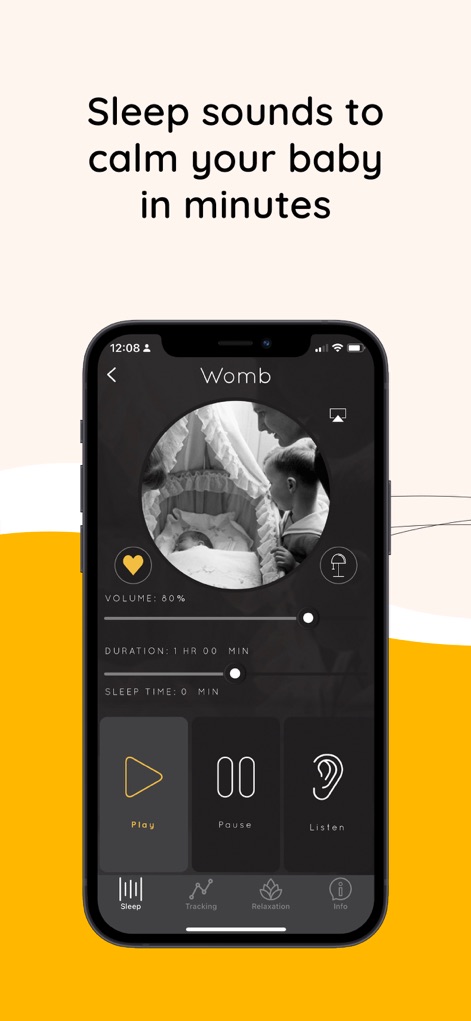 Sound Sleeper Baby White Noise - Die App-Ansicht zeigt die Wiedergabe des "Womb"-Sounds mit anpassbarer Lautstärke und den intuitiven Bedienelementen für Play/Pause, welche die einfache Steuerung der Geräusche ermöglichen.