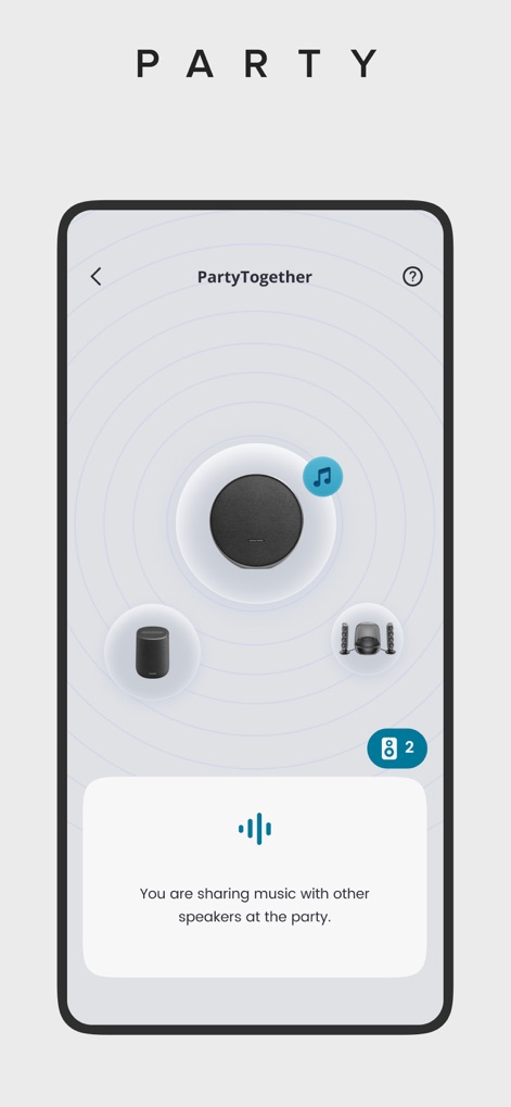 Harman Kardon One - The 'PartyTogether' feature allows users to wirelessly connect multiple speakers, showcasing a central speaker sharing music with other connected devices.