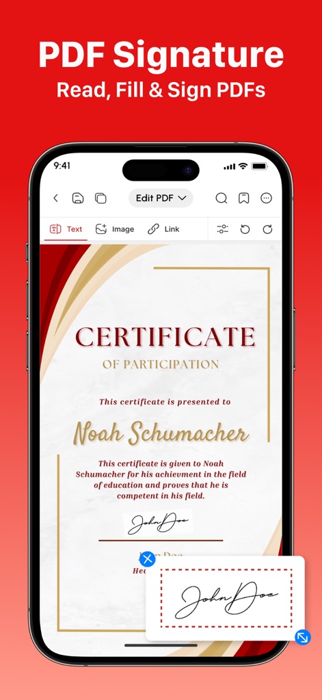 PDF Editor: Read, Scan & Sign - This visual illustrates the straightforward process of e-signing, showcasing a "CERTIFICATE OF PARTICIPATION" where users can effortlessly add their authentic signature using their finger or Apple Pencil.