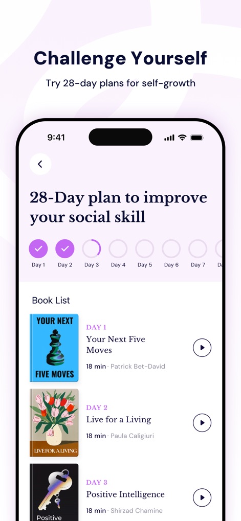 GrowMe: Micro Learning Daily - Users can explore the '28-Day plan' interface, offering structured challenges and a detailed 'Book List' with integrated audio lessons for focused self-improvement.