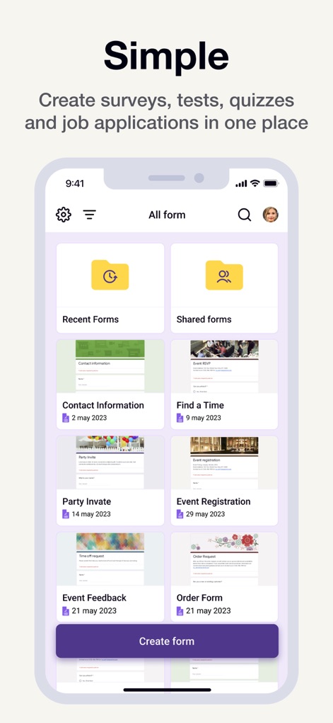 Forms for Google Fоrms - Esta interfaz permite gestionar eficientemente los formularios existentes, presentando secciones claras como "Recent Forms" para acceso rápido y un botón "Create form" para iniciar nuevos proyectos.