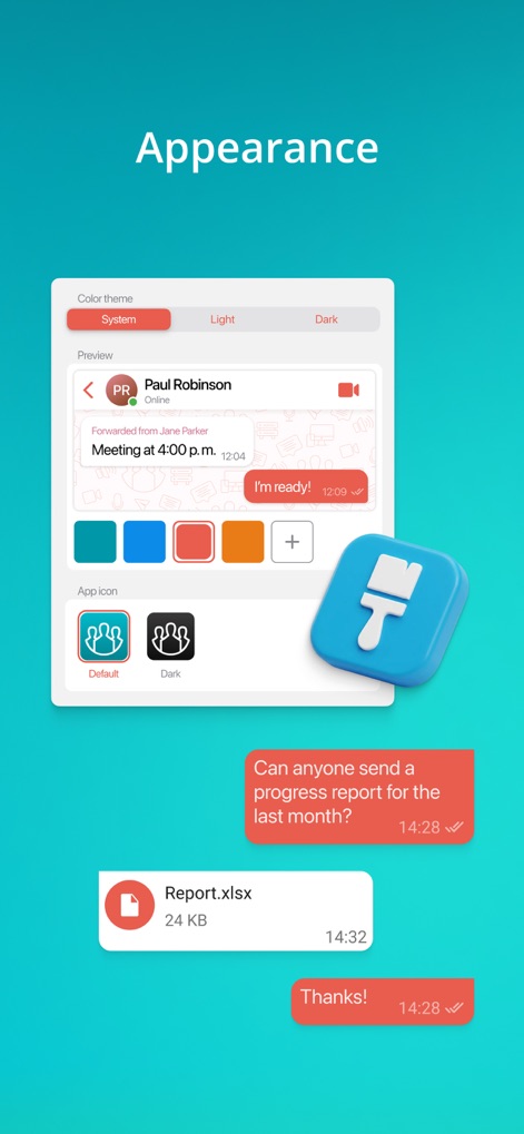 TrueConf: Business Messenger - Nutzer können das Erscheinungsbild der App anpassen, indem sie zwischen verschiedenen Farbschemata wählen und die Farbe der Chat-Blasen individuell einstellen.