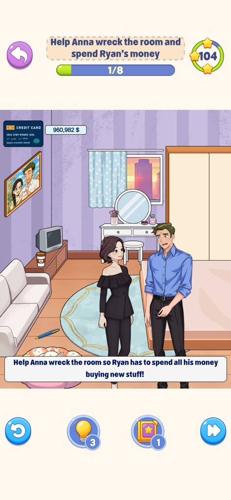 Tricky Story - Die App zeigt Anna und Ryan in einem verwüsteten Raum, wobei Nutzer Anna helfen, Ryans Geld zu verschwenden, was durch den zerbrochenen Fernseher und die hohe Kreditkartenabrechnung symbolisiert wird.