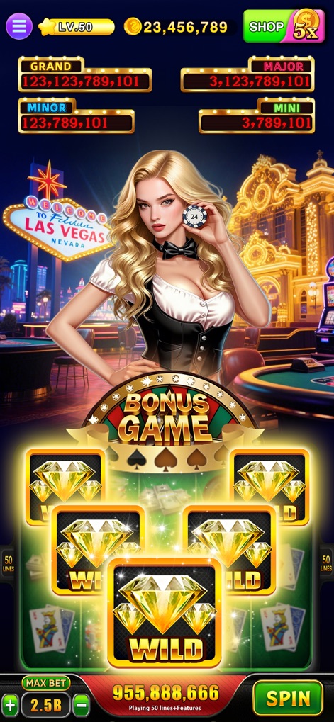 Lucky Jackpot Slots Casino - This visual demonstrates a Las Vegas-inspired bonus game, featuring an elegant female dealer character and dazzling diamond "WILD" symbols enhancing the slot experience.
