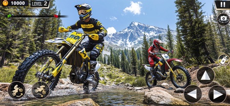 Dirt Bike Racing Simulator 3D - Os usuários podem apreciar a vista de um cenário montanhoso exuberante e a ação de dois pilotos atravessando um riacho rochoso.