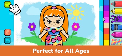 Baby Coloring Book: Kids Games - このスクリーンショットは、「Perfect for All Ages」というメッセージと共に、ハート模様のドレスを着た人形の塗り絵が鮮やかに描かれている様子を捉えています。背景には太陽と花が描かれ、年齢を問わず、子供たちが想像力を自由に広げられるシンプルなデザインが特徴です。