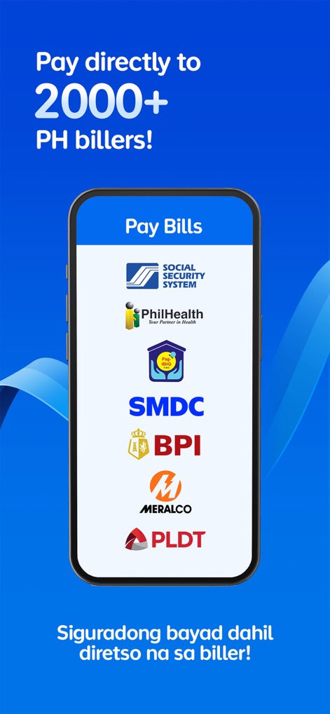 GCash - Users can explore the app's capability to "pay directly to 2000+ PH billers," with prominent logos like "Meralco" and "PLDT" illustrating the breadth of services covered.