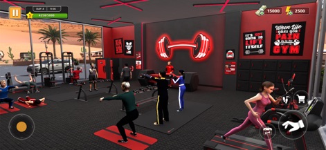 Supermarket Motel Simulator 3d - La aplicación incluye un moderno gimnasio para el disfrute de los huéspedes. Se aprecian las diversas máquinas de ejercicio y los clientes utilizando activamente las instalaciones, mostrando un servicio adicional premium.