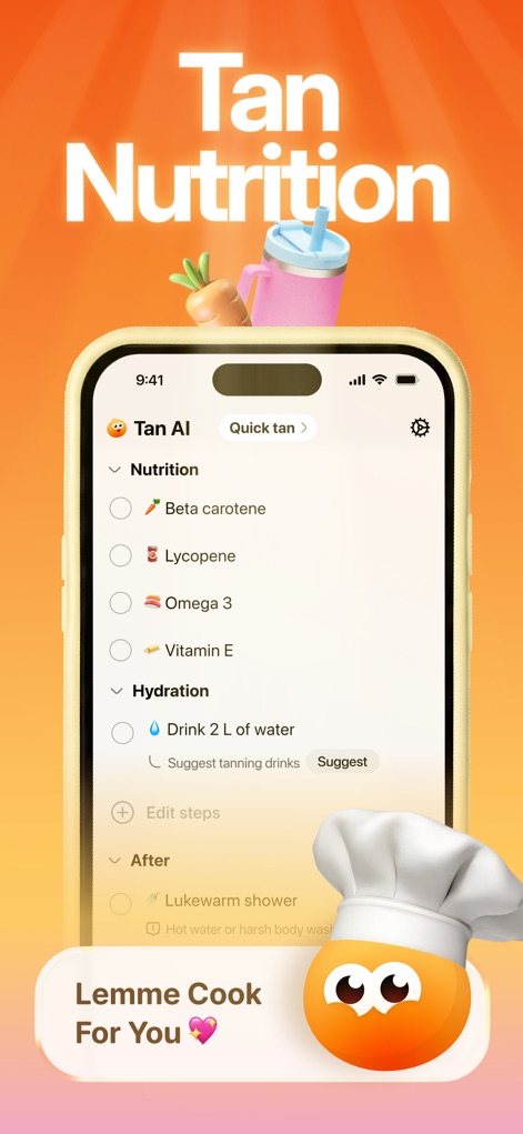 Tan AI: Tanning app - This tool offers comprehensive "Tan Nutrition" guidance, listing essential elements like "Beta carotene" and "Omega 3", alongside practical "Hydration" recommendations.