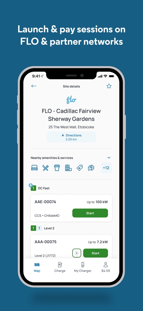 FLO EV Charging - The app presents detailed station information, including available 'DC Fast' and 'Level 2' charger types and convenient icons for nearby amenities.