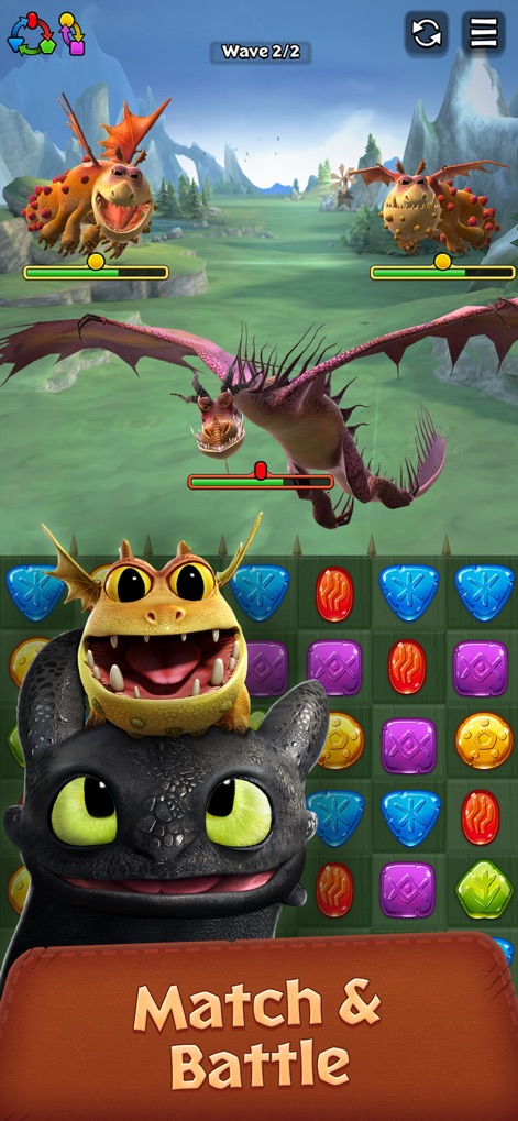 Dragons: Titan Uprising - Observe the vibrant match-3 puzzle board with distinct rune stones and the dynamic dragon battle animations showcasing Spirit Abilities.