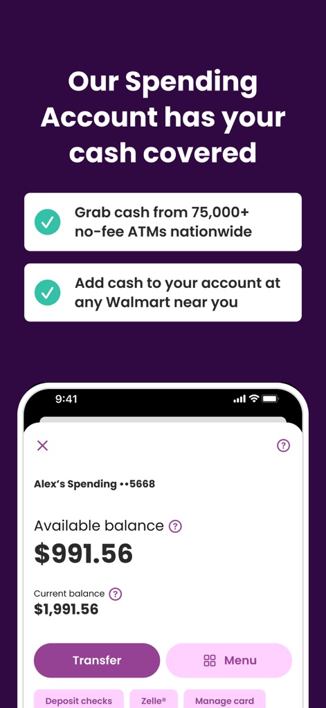 Ally: Bank, Auto & Invest - This tool highlights cash access with options like 75,000+ no-fee ATMs and allows users to manage their spending account with a clear available balance display.