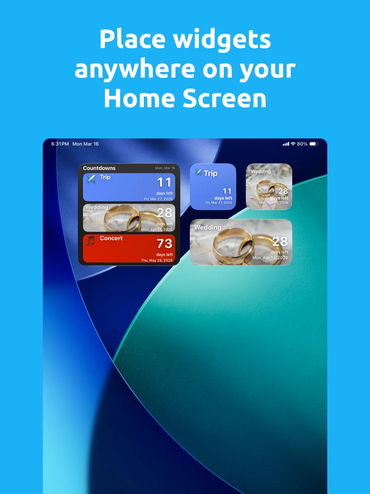 Countdown Pro - Widget & Timer showing colorful events and Home Screen and Lock Screen widgets on iPhone — iPad (2/4)