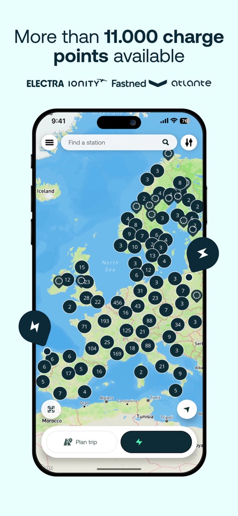 Electra - Fast Charging Hubs - The app reveals an expansive charging network across Europe, displaying over 11,000 available charge points and highlighting key partnerships like IONITY and Fastned.