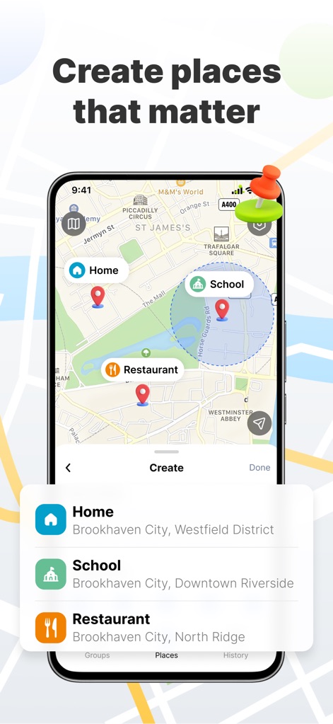 Phone Tracker: Find Family - Los usuarios pueden configurar lugares significativos como 'Casa' o 'Escuela' con iconos personalizados, y la aplicación permite establecer geocercas en el mapa para recibir alertas automáticas cuando los miembros entran o salen de estas áreas.