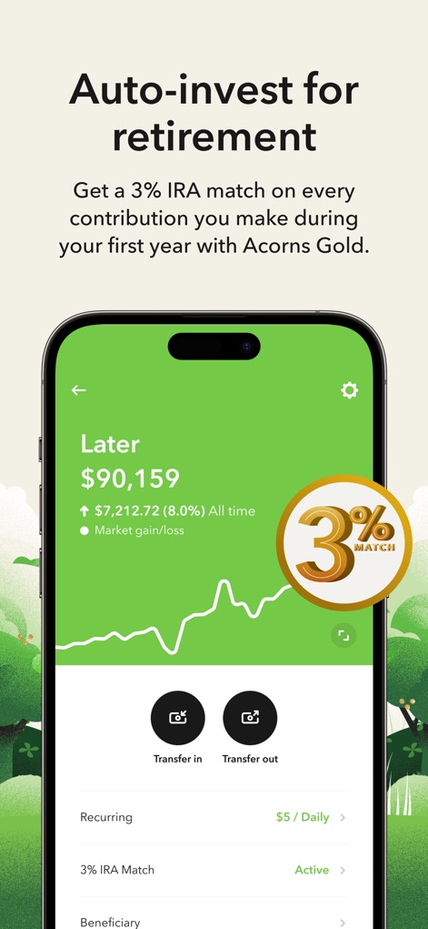 Acorns: Invest For Your Future - ユーザーの退職後資金の成長を示す線グラフに加え、3%のIRAマッチ特典のバッジが視覚的に強調されています。