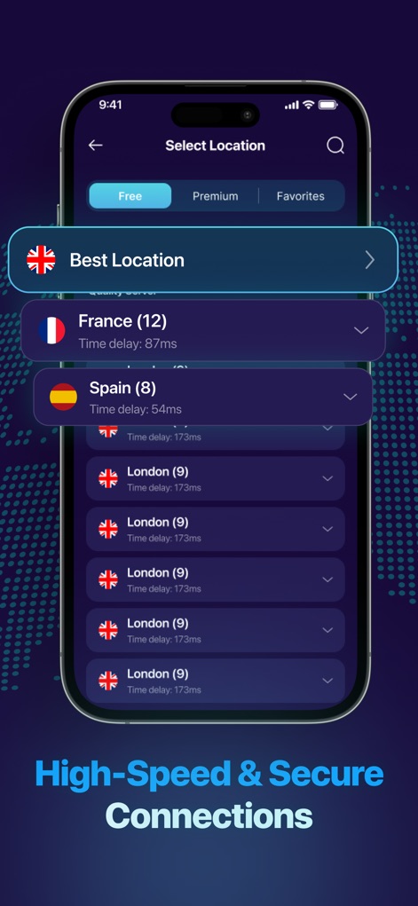 Secure VPN: Private & Fast - Esta pantalla ofrece a los usuarios una interfaz intuitiva para "Best Location" y una lista detallada de países con sus respectivas latencias, facilitando la elección del servidor.