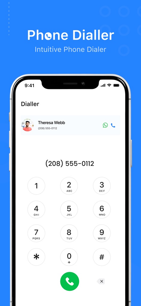 True: Call ID &Number Search - The tool features an intuitive phone dialler interface with a prominent numeric keypad and a large green call button for seamless dialing.