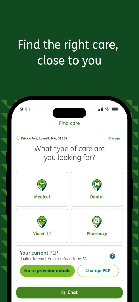 MyHumana - Os usuários podem localizar provedores de saúde com base no tipo de atendimento, selecionando entre "Medical" ou "Dental", e verificar os detalhes do "Current PCP" sem complicações.