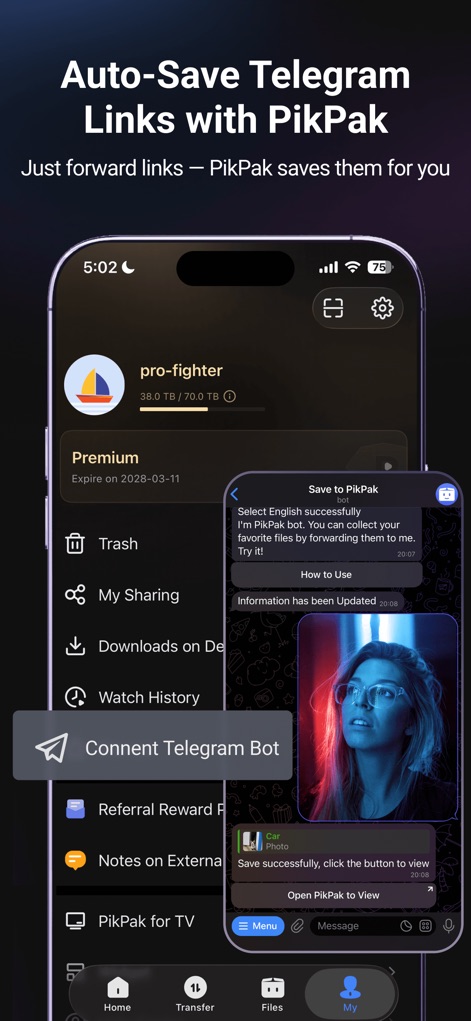 PikPak - Cloud Storage & Saver - Uncover the powerful Telegram Bot connection feature and the seamless "Save to PikPak" integration directly from chat.