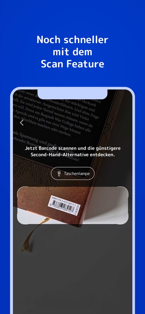 medimops: Bücher & mehr kaufen - La función de escáner de código de barras se activa sobre un libro, ofreciendo la opción de "Taschenlampe" para una búsqueda eficiente de productos.