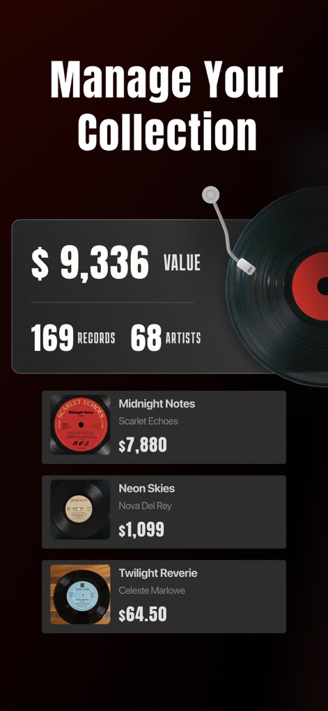 VinylSnap: Scan & Value Record - The app provides a robust collection management interface, showing a total value of $9,336 and detailed statistics like 169 records from 68 artists.